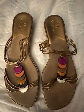 Cole Haan Gold Strappy Sandals with Multicolor Disc Accents